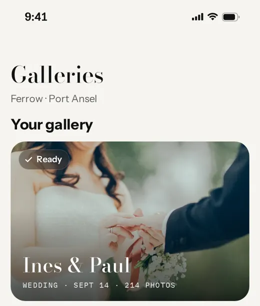 Galleries screen of the Ferrow client app, from the live in-browser build